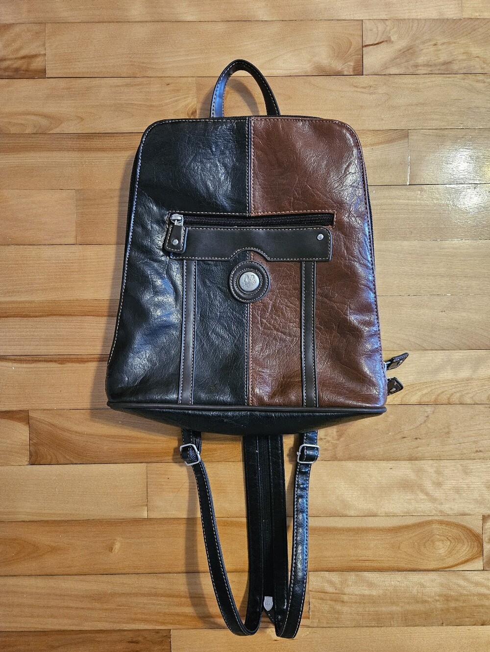 Mouflon Leather Backpack Purse Two-Tone Black & Chocolate Brown